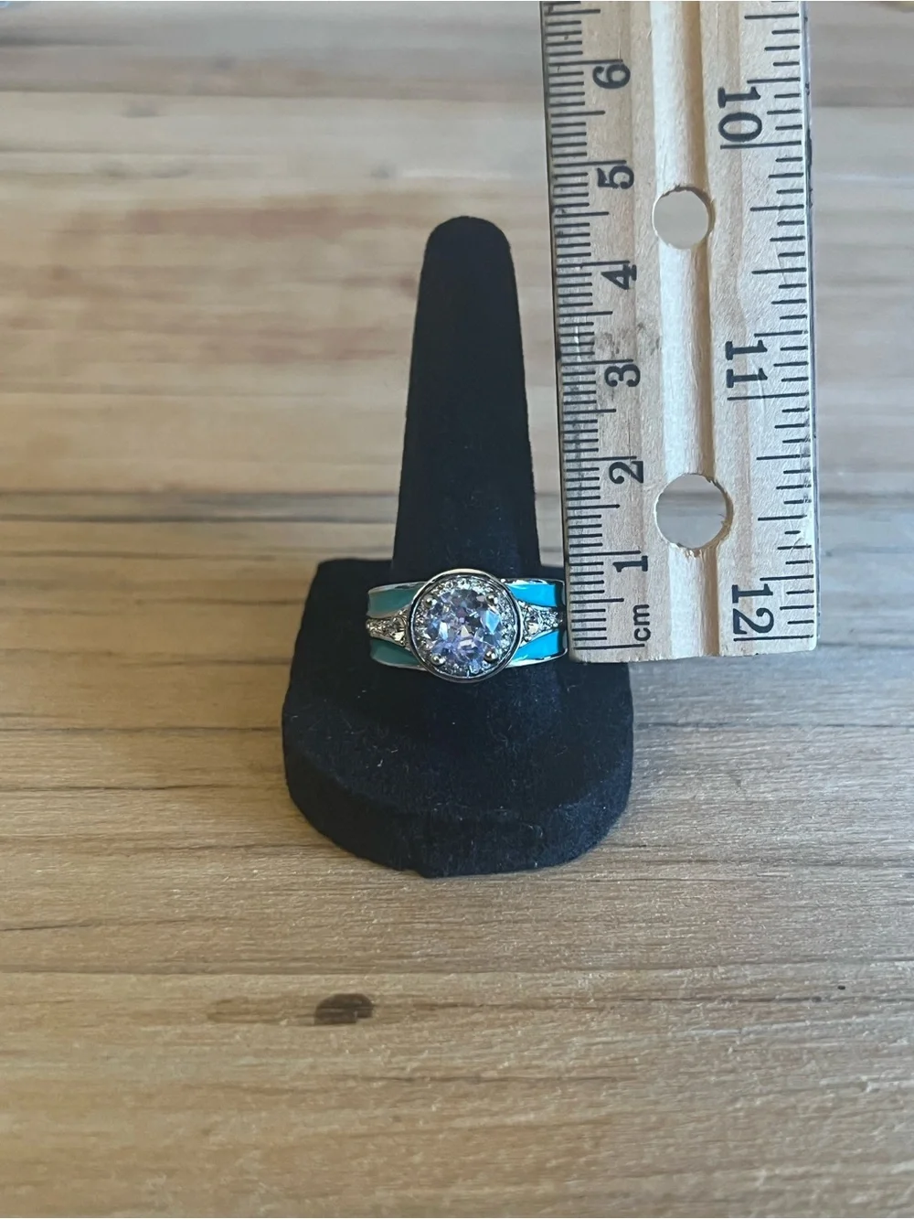 Turquoise Silver Tone Halo Ring With Cubic Zirconia Center Stone Size 9